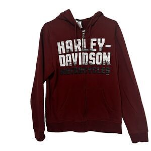 Harley Davidson Men's Full Zip Sleeve Spellout Orange Eagle Biker Hoodie Medium